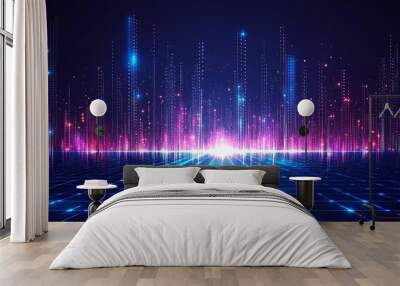 Vibrant abstract digital landscape with glowing lines and dots, showcasing technology and innovation in a futuristic design. Wall mural