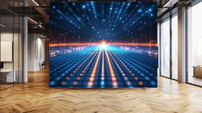 Vibrant digital abstract background with glowing lines and light spots, perfect for technology or futuristic themes. Wall mural