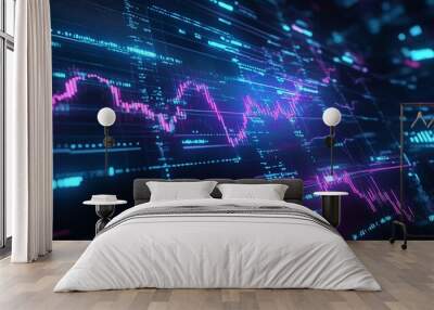 Vibrant digital graph illustrating data trends in neon colors on a dark background. Wall mural