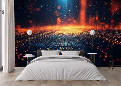 Vibrant digital landscape showcasing glowing particles in motion, creating a dynamic and futuristic atmosphere. Wall mural