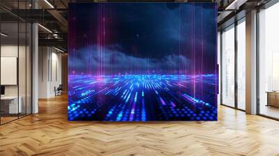 Vibrant digital landscape with glowing lights, abstract patterns, and a cosmic atmosphere, perfect for futuristic themes. Stage for product presentation. Wall mural