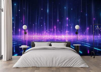 Vibrant digital landscape with glowing lights and abstract patterns, perfect for backgrounds or technology themes. Stage for product presentation. Wall mural