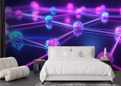 Vibrant digital network of nodes connected by glowing lines, showcasing technology and innovation in a futuristic setting. Wall mural