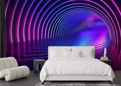 Vibrant neon tunnel with dynamic glowing lights, creating a futuristic and captivating environment for design and creativity. Product presentation background. Wall mural