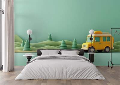 Yellow camper van traveling through a whimsical, minimalist landscape with rolling green hills and trees. Adventure and exploration concept. 3D Illustration. Wall mural