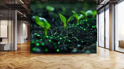 Young green seedlings with glowing technological elements in soil representing digital agriculture and innovative cultivation techniques. Wall mural