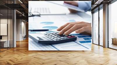 Audit accounting and financial analysis. Many reports and calculator. Accountant calculating tax. Wall mural