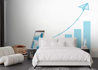 Business growth analysis. Using laptop for analytics. Blue graphs and laptop computer. Wall mural