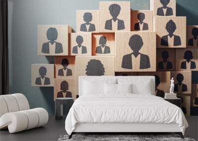 Business people concept. Personnel management for employees and jobs. Diverse people icons and  many wood cubes. Wall mural