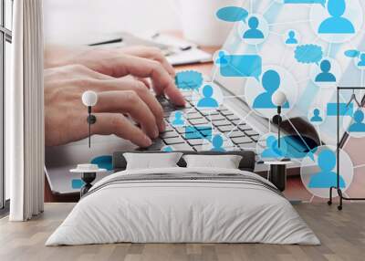 Communication in social media. Online people network structure. Man sending message by laptop. Wall mural