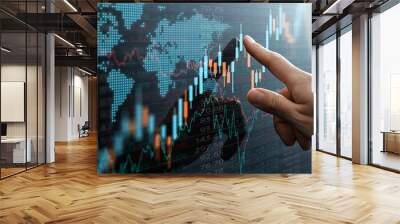 Graphs and world financial markets data. Investor pointing at the candlestick chart. Wall mural