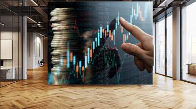 Increased return on investment. Stacked coins and data of financial market. Analyst pointing candlestick chart . Wall mural