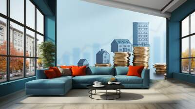 Increasing returns from property investments. Successful investment plan. Stacked coins and illustrations of real estate on two graphs backgrounds. Wall mural