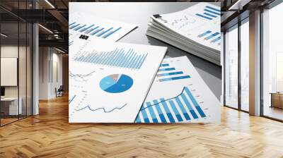 prepareing report. blue graphs and charts. business reports and pile of documents on gray reflection Wall mural