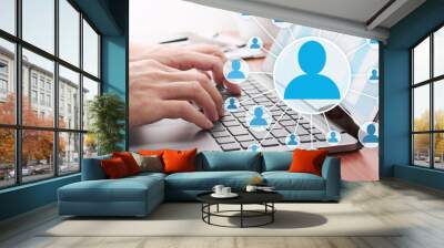 Using internet for communication. Online people network structure. Businessman sending email by laptop. Wall mural