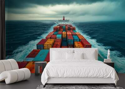 Aerial view of a cargo ship navigating stormy waters with colorful shipping containers. Wall mural