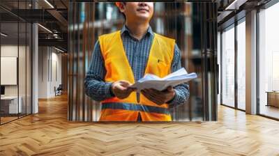 Asian male architect in safety gear, holding plans at a construction site. Wall mural