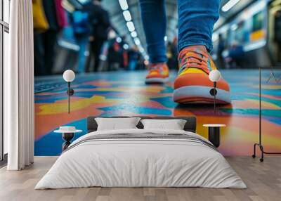 Close-up of a person's feet in bright orange sneakers walking on colorful subway floor. Wall mural