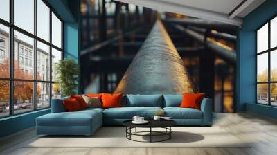 Close-up of a wet metal pipe in an industrial setting, illuminated by soft lights. Wall mural