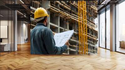 Construction worker examining blueprints on a building site with a yellow hard hat. Wall mural