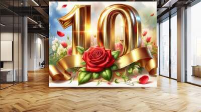 Elegant 10th anniversary celebration with gold numbers, red roses, and candles for a milestone event Wall mural