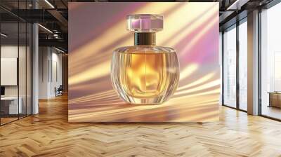 Elegant glass perfume bottle with golden liquid, illuminated by soft pastel lights. Wall mural