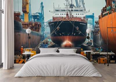 Industrial scene of workers in hard hats overseeing ship maintenance at a busy dock. Wall mural