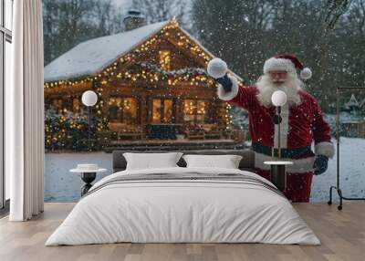 Joyful Santa Claus in a snowy landscape, celebrating the festive season. Wall mural