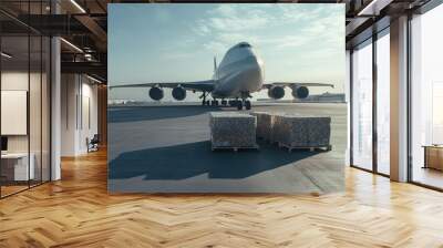 Large cargo airplane preparing for takeoff with freight on tarmac, daytime scene. Wall mural