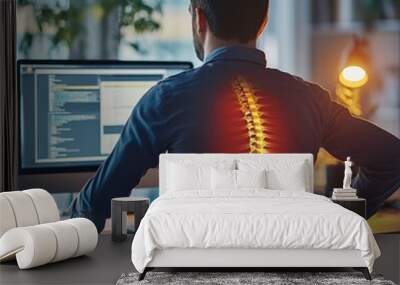 Male programmer with a glowing spine, working at a desk in a modern office environment. Wall mural