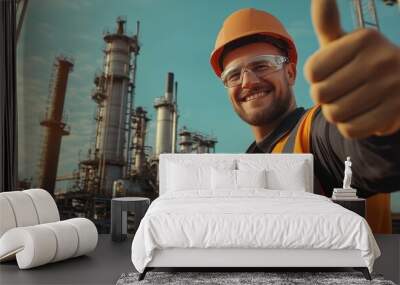 Smiling male worker in safety gear at an industrial site, giving a thumbs up. Wall mural