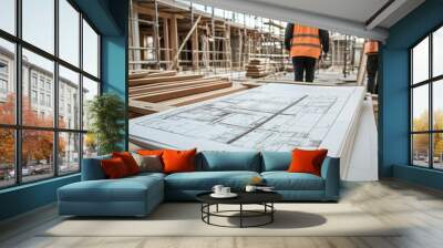 Two male construction workers reviewing blueprints at a building site during the day. Wall mural