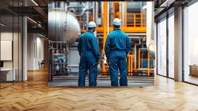 Two male industrial workers in blue coveralls observe equipment in a refinery. Wall mural