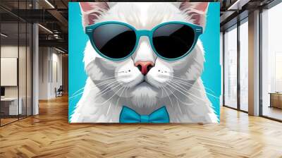 Simple cute white cat, light blue sunglasses, one color Tiffany blue background  Wall mural