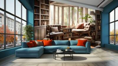 A cozy reading nook by a window, bathed in soft natural light, with a bookshelf filled with books. Wall mural