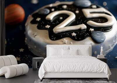 A space-themed birthday cake with the number 25 in silver and black icing, featuring planets and stars on a dark blue background. Wall mural