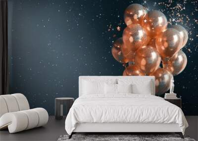 Elegant birthday background with rose gold balloons, a deep navy background, and sparkling stars. Wall mural