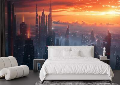 Render a futuristic cityscape with sleek skyscrapers towering against the dramatic backdrop of the sunset gradient. Wall mural