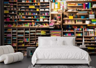 Shelves filled with colorful office supplies like pens, notebooks, and sticky notes. Wall mural