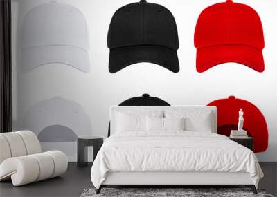 Blank baseball cap 3 color front and back view on white background Wall mural