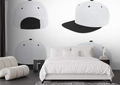 Blank baseball snap back cap two tone color white/black on white background Wall mural