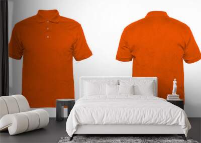 Blank Polo shirt Three-button placket color orange on invisible mannequin template orange front and back view on white background
 Wall mural