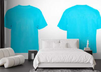 Blank T Shirt color sky blue on invisible mannequin template front and back view on white background
 Wall mural