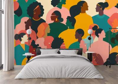 A 2D flat style illustration of a multicultural community where people of different races, ages, and genders are engaging in various activities together. The minimalist background highlights the Wall mural