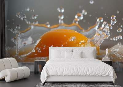 A close-up photograph of an egg yolk splash, capturing the moment when the yolk breaks and spreads out. The minimalist background emphasizes the dynamic and fluid nature of the yolk, creating a sense Wall mural