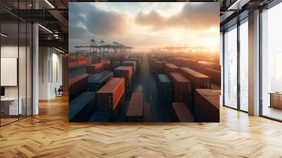 A Dazzling Shipping Yard at Dusk with Containers Under a Dramatic Sky Illuminated by Sunset Wall mural