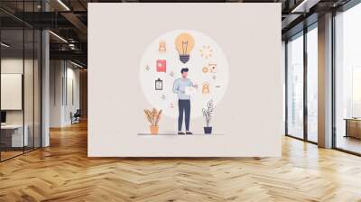 A flat design illustration of a character working on business innovation, creating new products or services. The minimalist background emphasizes the creativity and forward-thinking mindset required Wall mural