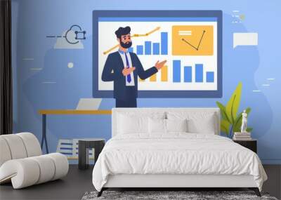 A professional leader character in a 2D flat style illustration, shown delivering a business presentation in an office environment, highlighting leadership and professional attire against a simple Wall mural