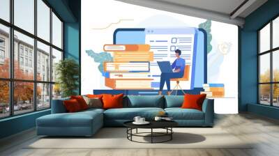 An illustration in 2D flat style showing a character participating in an e-learning platform, completing assignments and quizzes online. The minimalist design emphasizes the user-friendly interface Wall mural