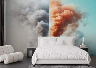 Contrasting Urban Environments: Industrial Smog vs. Green City with Clear Skies - Ozone Layer Protection Concept Wall mural